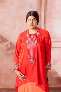 Brahmi- Vermillion Red Asymmetrical  Skirt Set - NSL FASHION PVT LTD