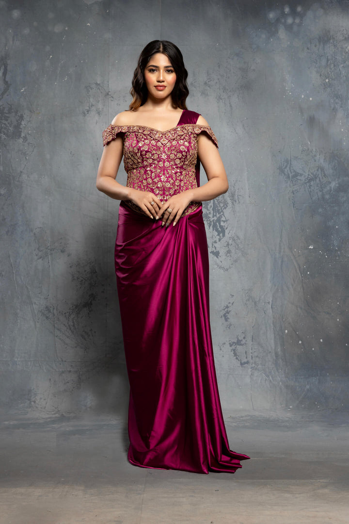 Burgundy Charmuse Satin Saree Gown - NSL FASHION PVT LTD