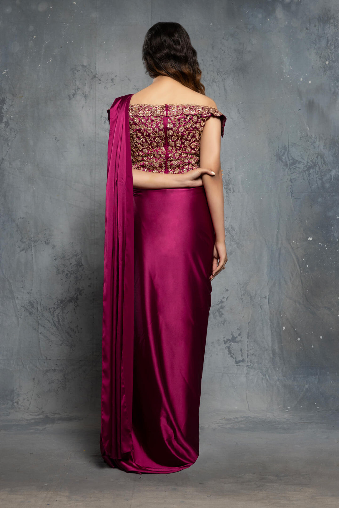 Burgundy Charmuse Satin Saree Gown - NSL FASHION PVT LTD