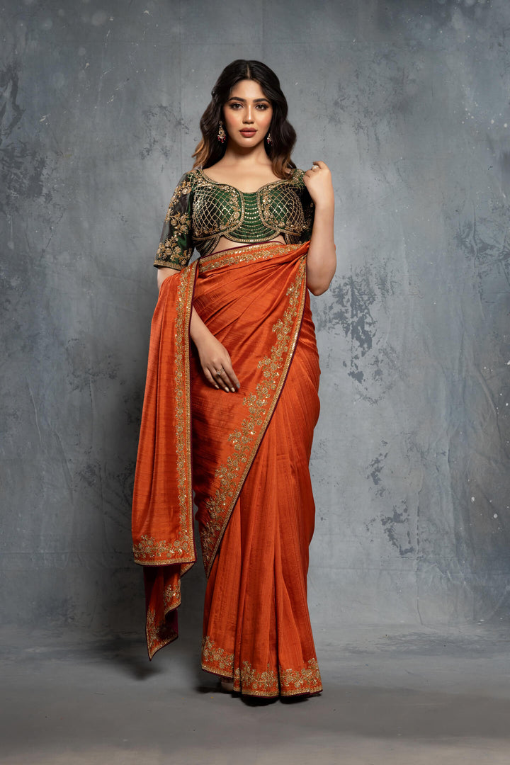 Burnt Orange Tussar silk Embellished Saree Set - NSL FASHION PVT LTD