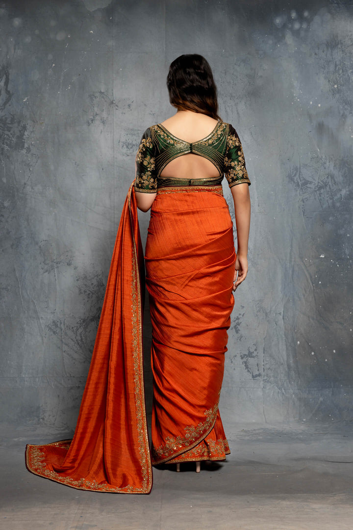 Burnt Orange Tussar silk Embellished Saree Set - NSL FASHION PVT LTD