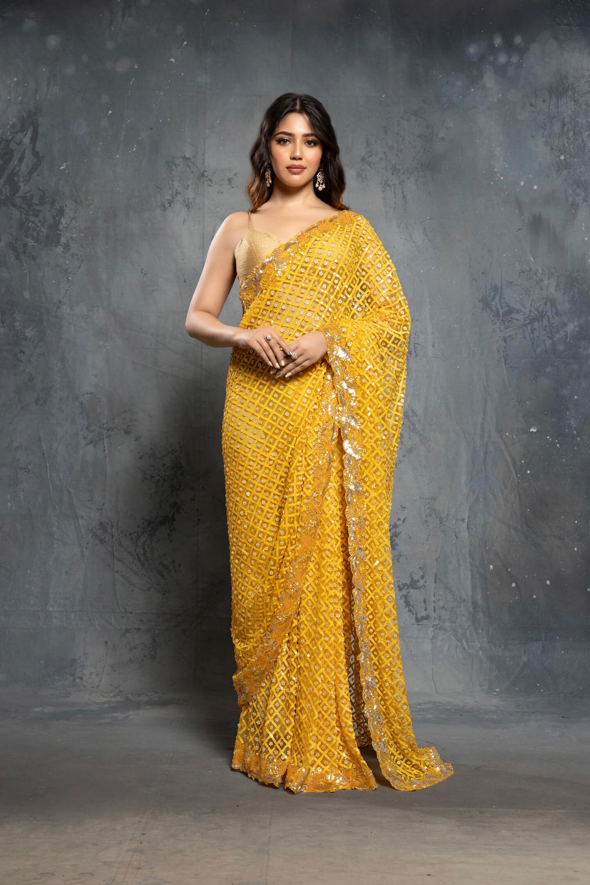 Canary Yellow Tulle Embellished Saree Set - NSL FASHION PVT LTD