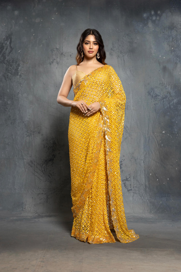 Canary Yellow Tulle Embellished Saree Set - NSL FASHION PVT LTD