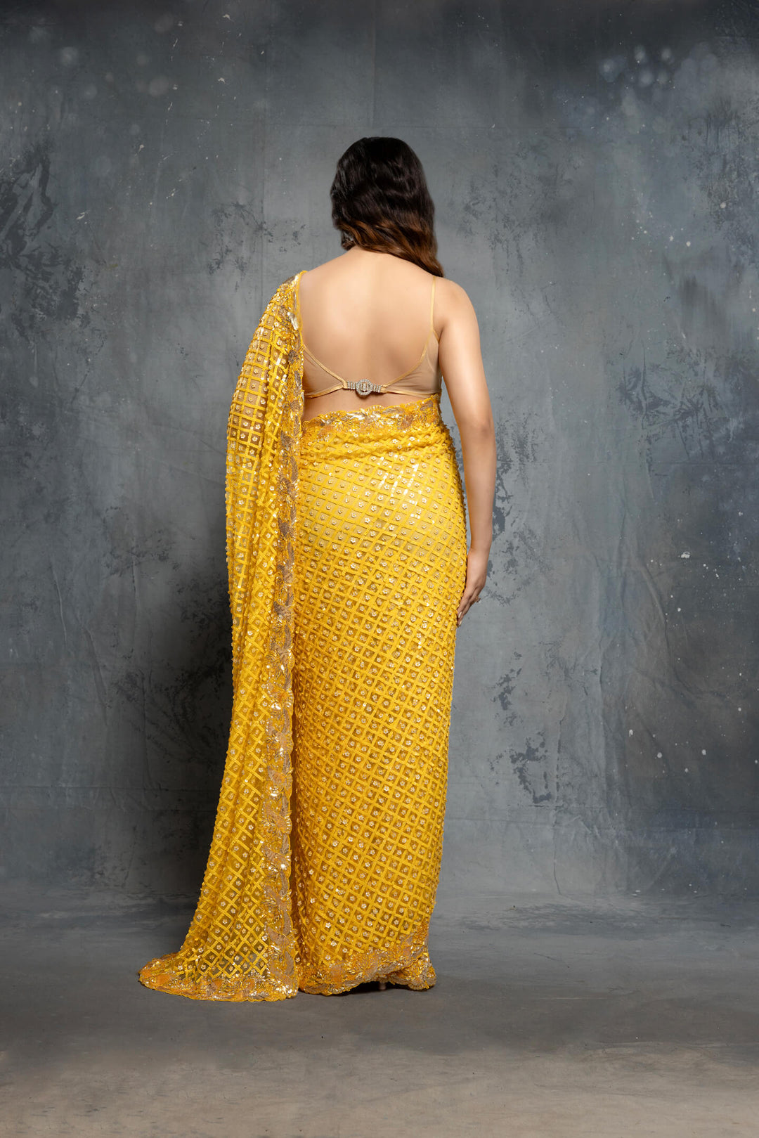 Canary Yellow Tulle Embellished Saree Set - NSL FASHION PVT LTD
