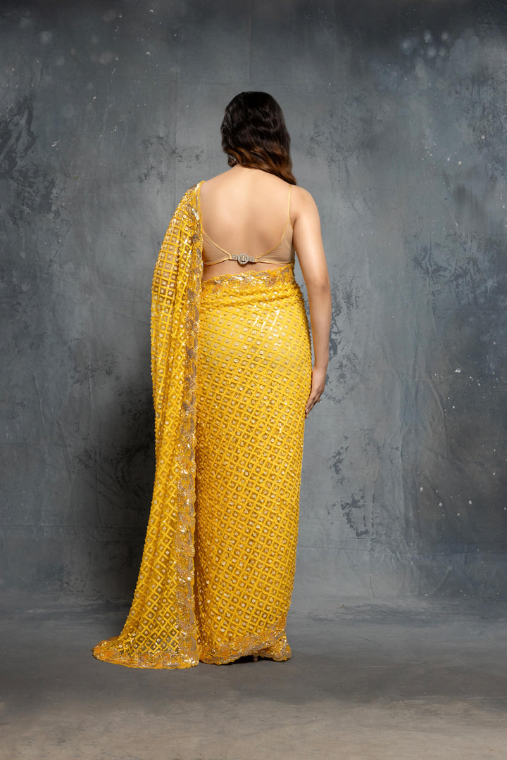 Canary Yellow Tulle Embellished Saree Set - NSL FASHION PVT LTD