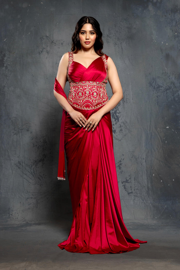 Cardinal Red Charmuse Satin Embellished Saree Gown - NSL FASHION PVT LTD