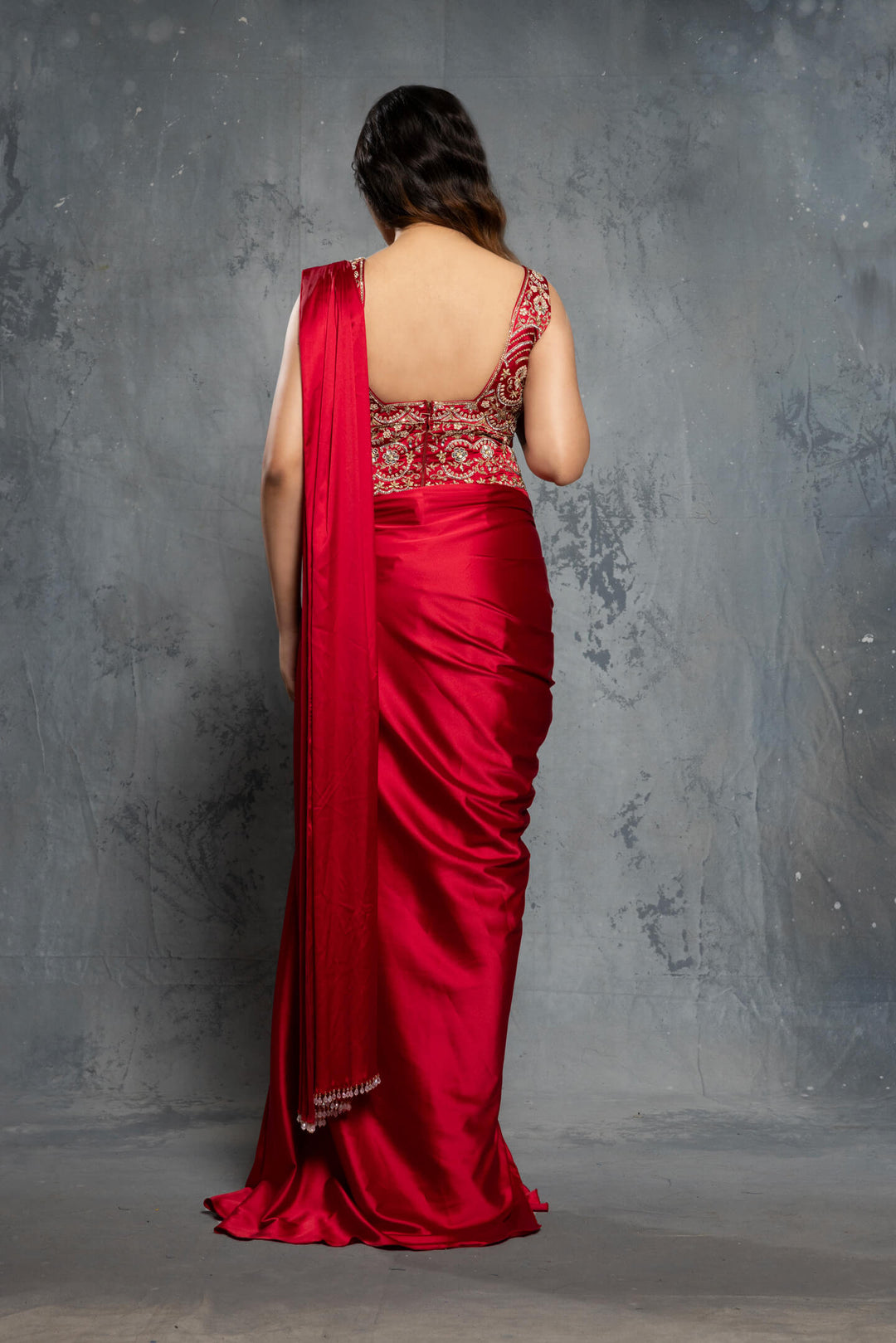 Cardinal Red Charmuse Satin Embellished Saree Gown - NSL FASHION PVT LTD