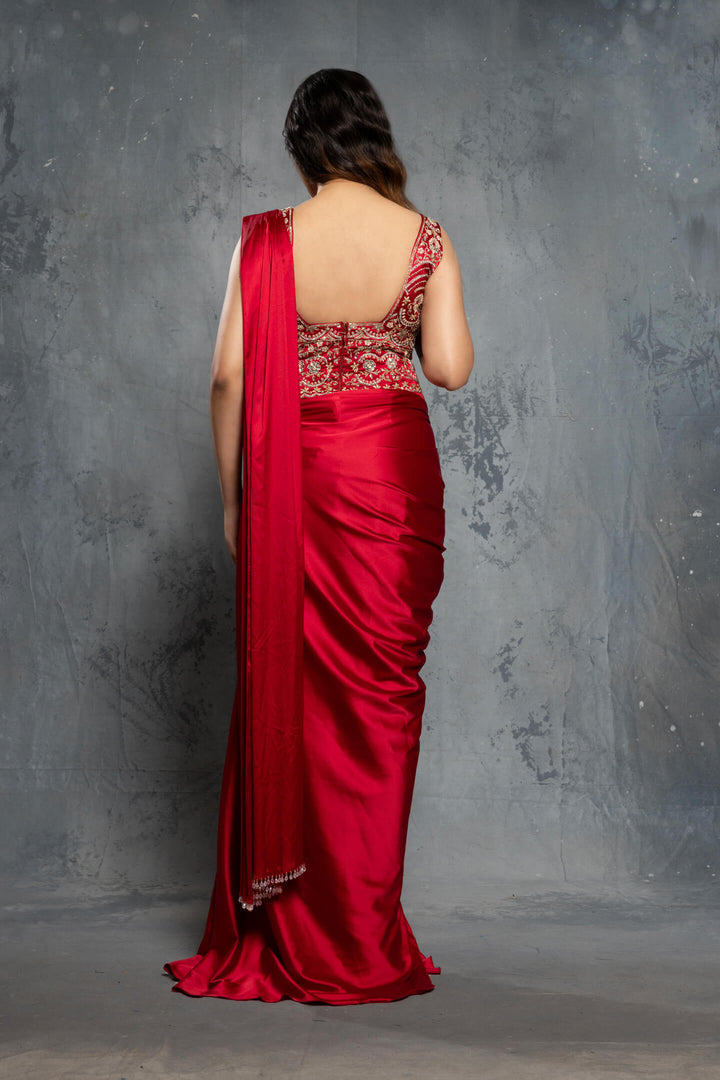 Cardinal Red Charmuse Satin Embellished Saree Gown - NSL FASHION PVT LTD
