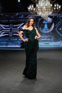 Celestia - Georgette Bottle Green Off Shoulder Gown - NSL FASHION PVT LTD