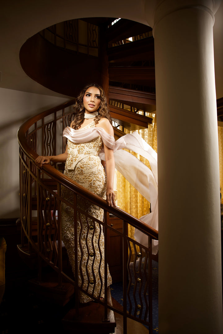 Pearl-Embellished Champagne Lace Co-ord with Satin Trail - NSL FASHION PVT LTD