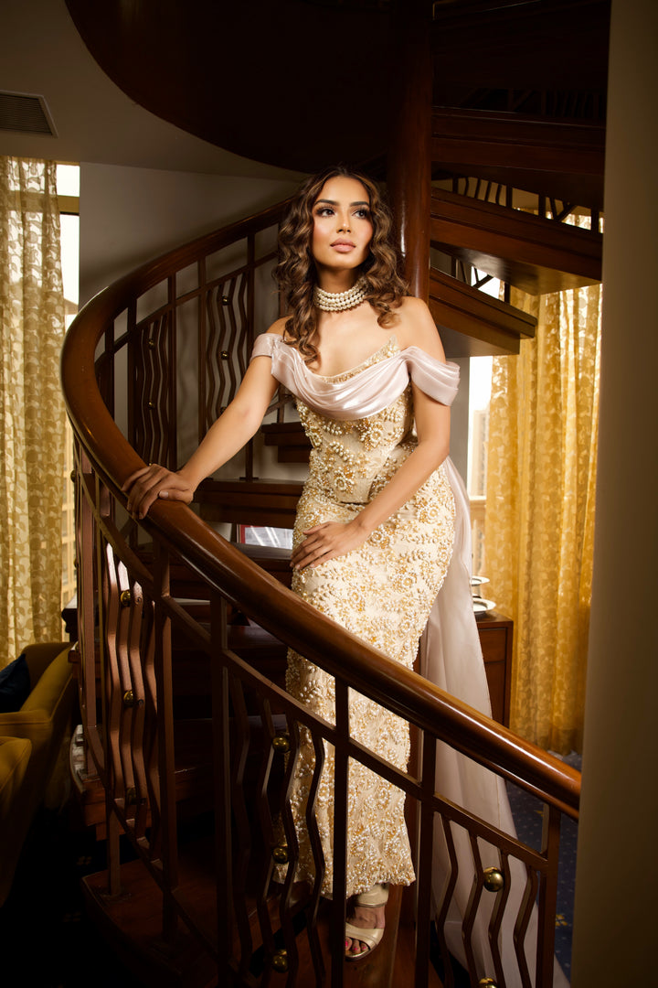 Pearl-Embellished Champagne Lace Co-ord with Satin Trail - NSL FASHION PVT LTD