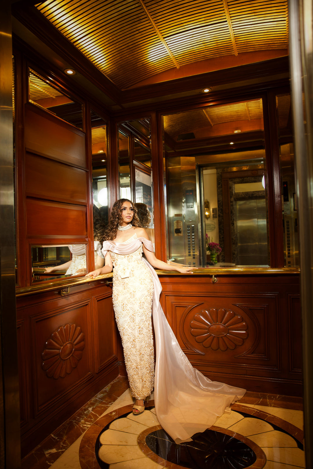 Pearl-Embellished Champagne Lace Co-ord with Satin Trail - NSL FASHION PVT LTD