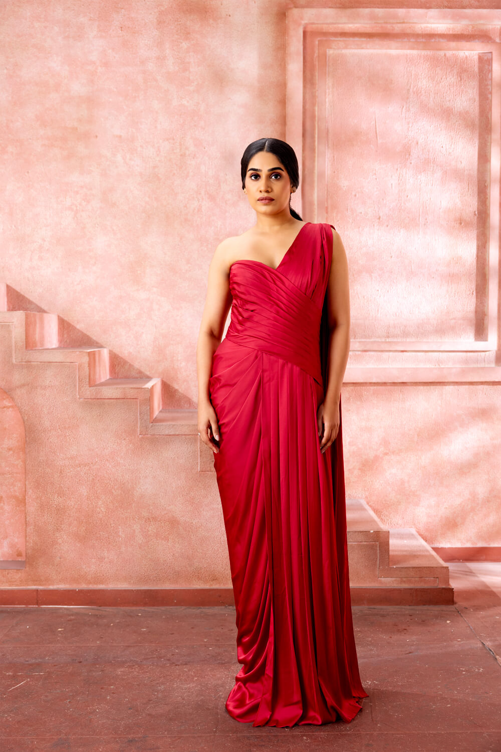 Cherie - Deep Red Draped Gown - NSL FASHION PVT LTD