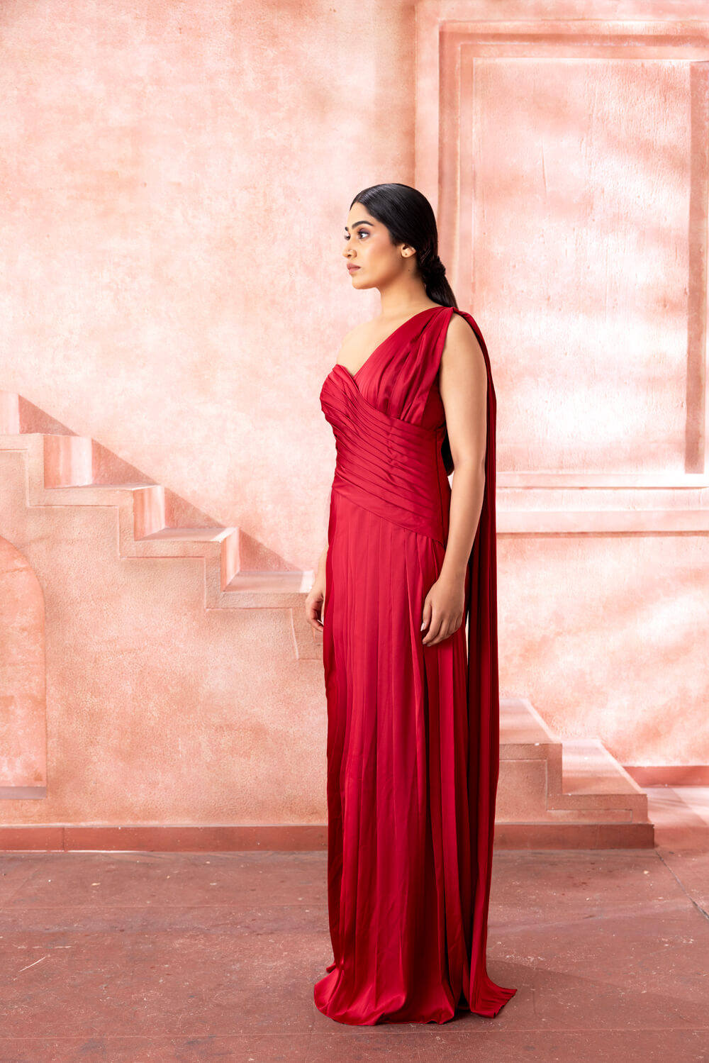 Cherie - Deep Red Draped Gown - NSL FASHION PVT LTD