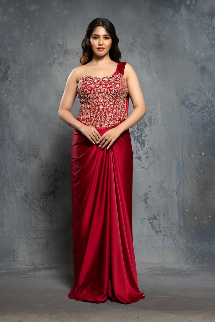 Crimson Red Charmuse Embellished Satin Saree Gown - NSL FASHION PVT LTD