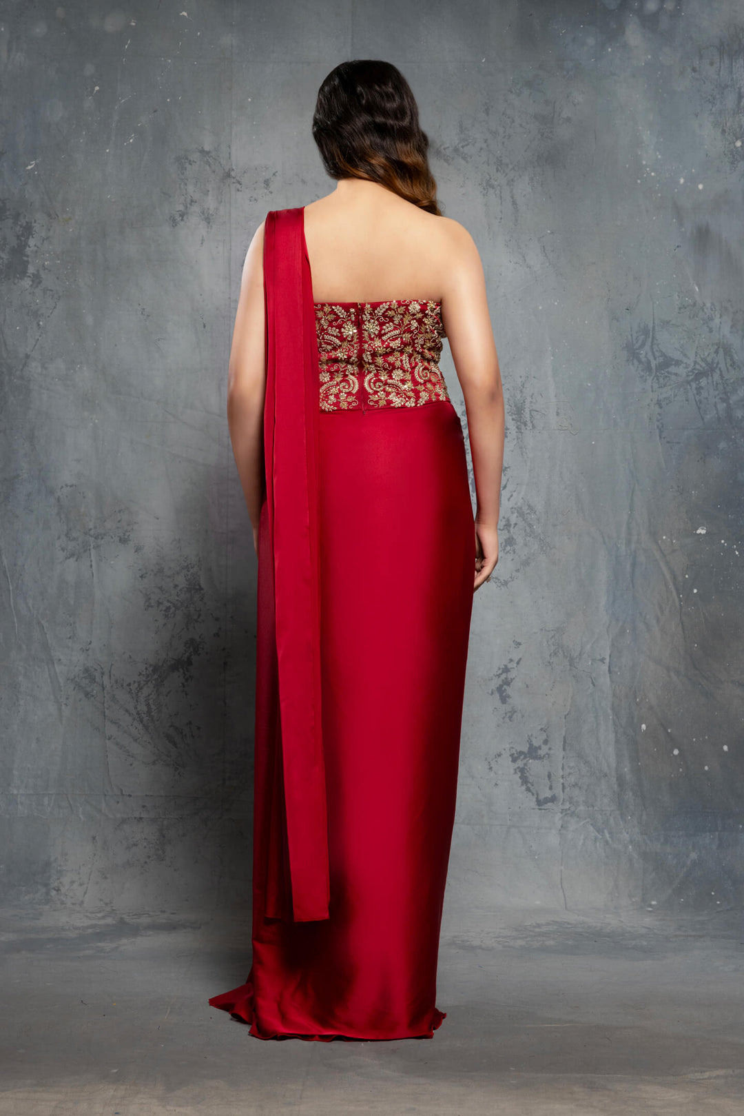 Crimson Red Charmuse Embellished Satin Saree Gown | Buy Designer Couture  Online