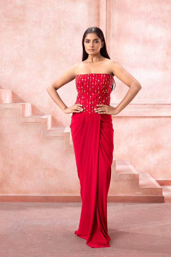 Crimson-Strapless Embellished Gown - NSL FASHION PVT LTD