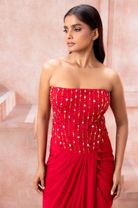 Crimson-Strapless Embellished Gown - NSL FASHION PVT LTD