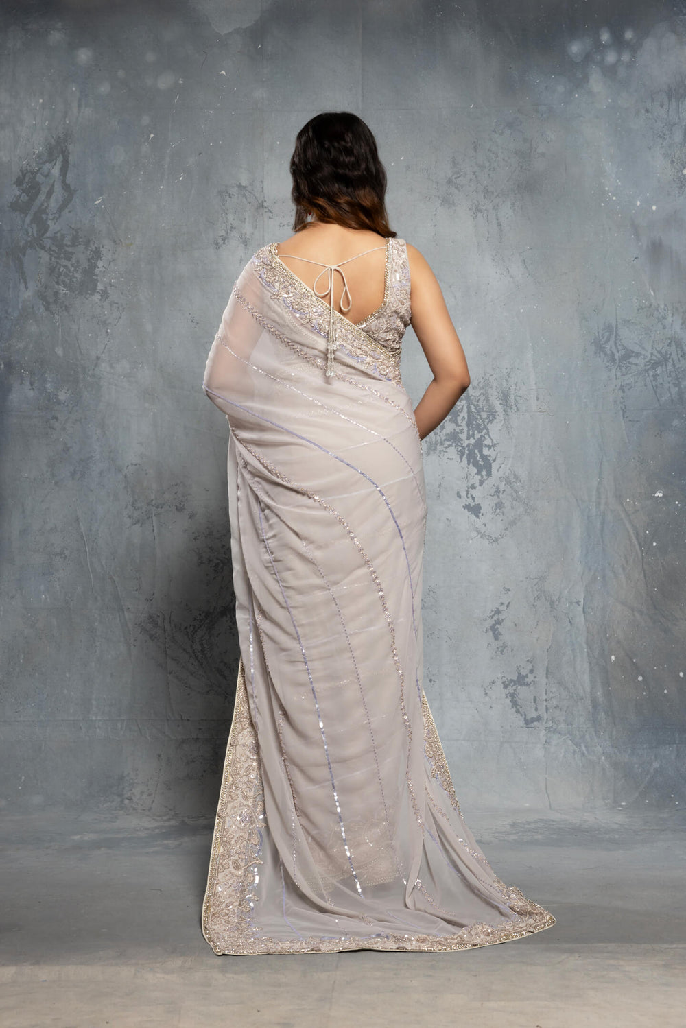 DOVE GREY GEORGETTE EMBELLISHED SAREE SET - NSL FASHION PVT LTD