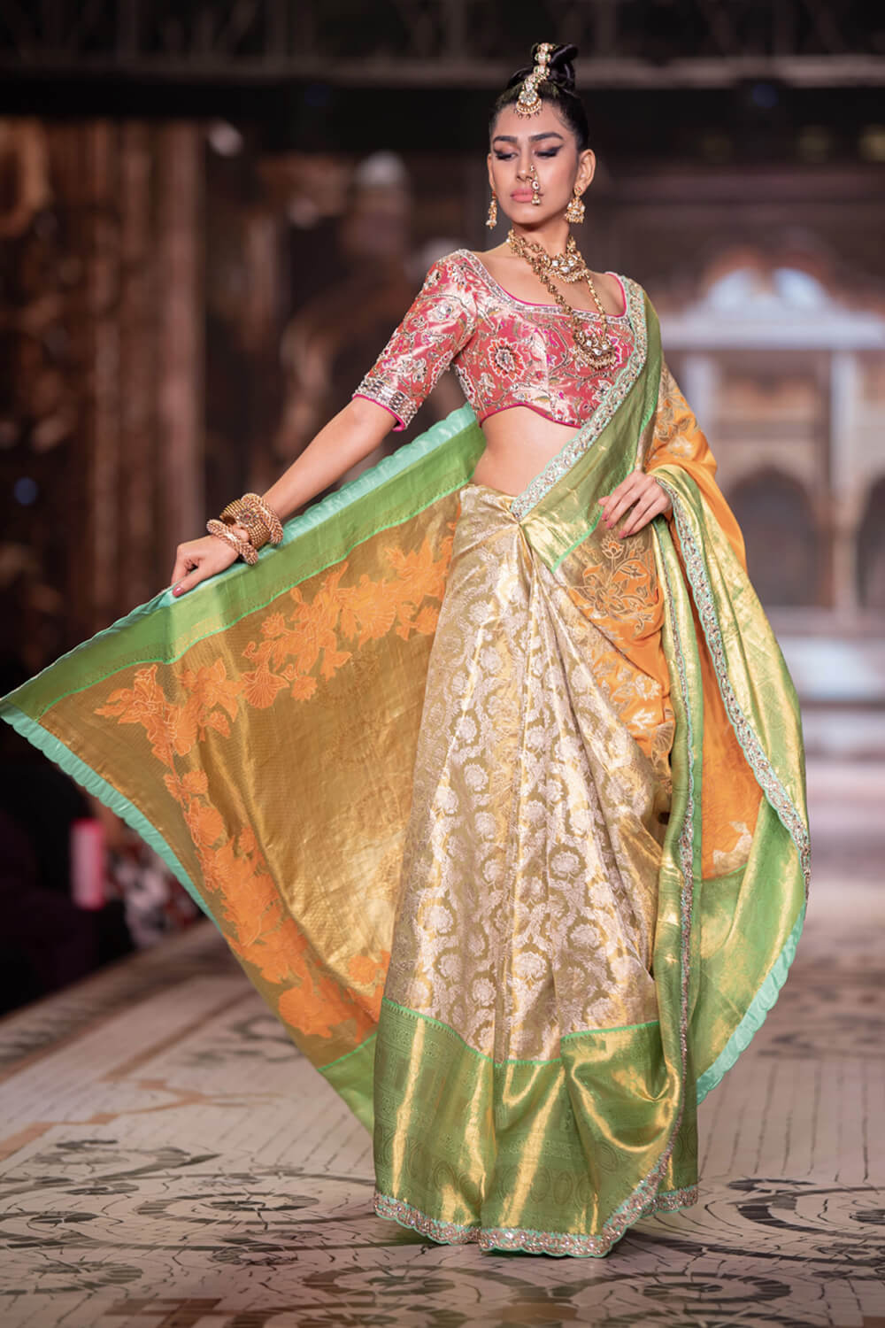 Neeta Lulla Morni front view - Marigold yellow, Parrot green and Gold Kanjivaram saree for weddings, Mumbai and worldwide