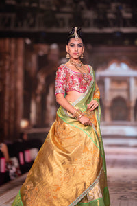 Neeta Lulla Morni detail view - Marigold yellow, Parrot green and Gold Kanjivaram saree for weddings, Mumbai and worldwide