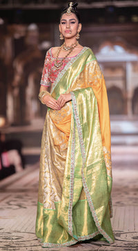 Neeta Lulla Morni detail view - Marigold yellow, Parrot green and Gold Kanjivaram saree for weddings, Mumbai and worldwide