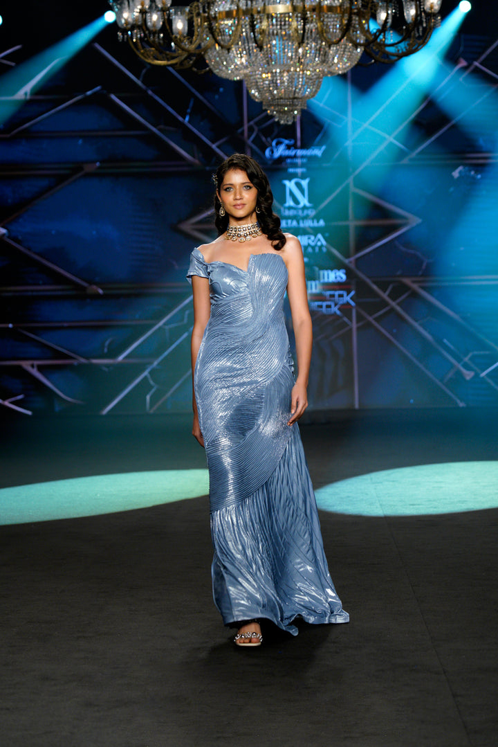 Aster - Metallic Blue Pleated Gown