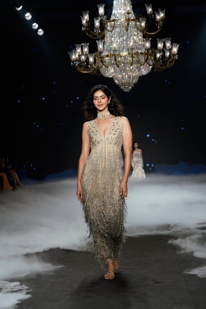 Elara - Silver Tulle Tassle Gown