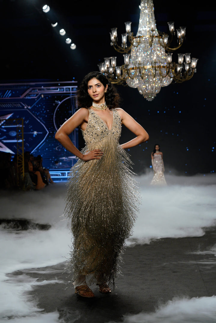 Elara - Silver Tulle Tassle Gown