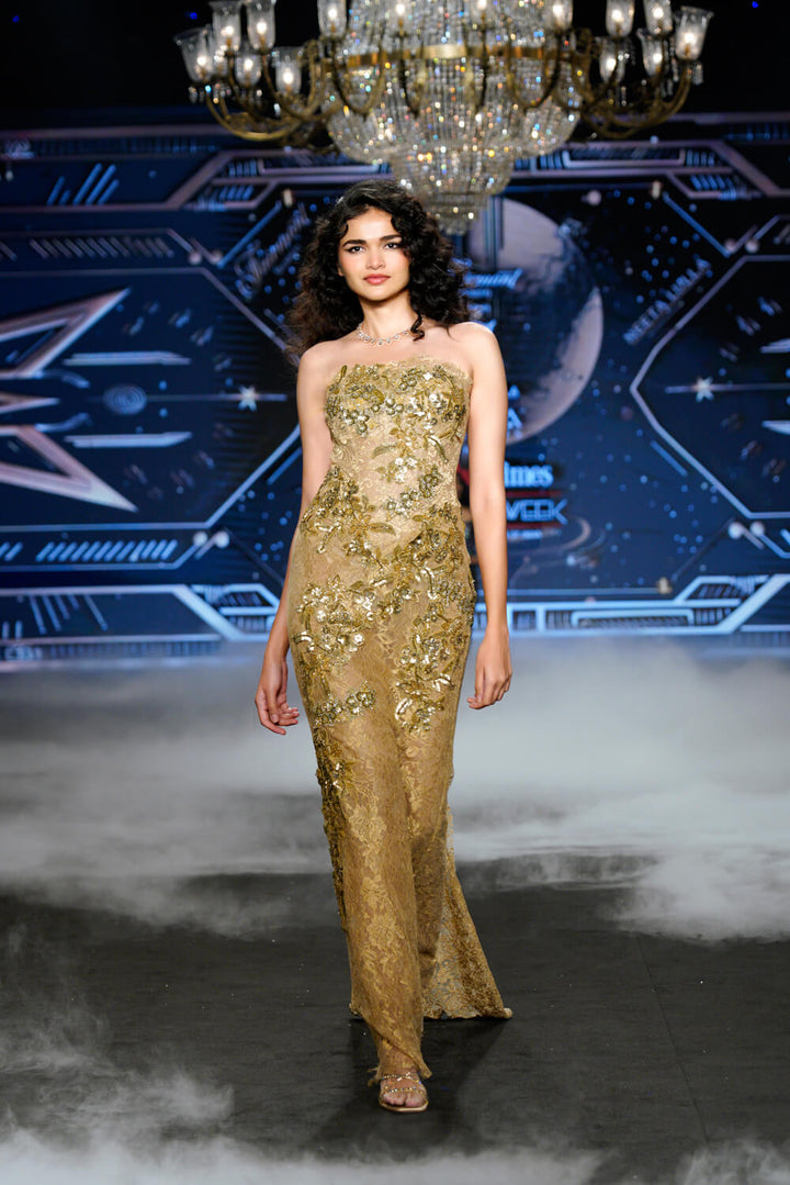 Aurora - Gold Chantily Lace Strapless Gown