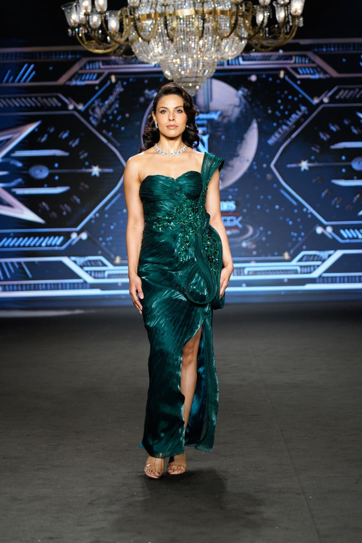 Eva - Emerald Satin One Shoulder Gown
