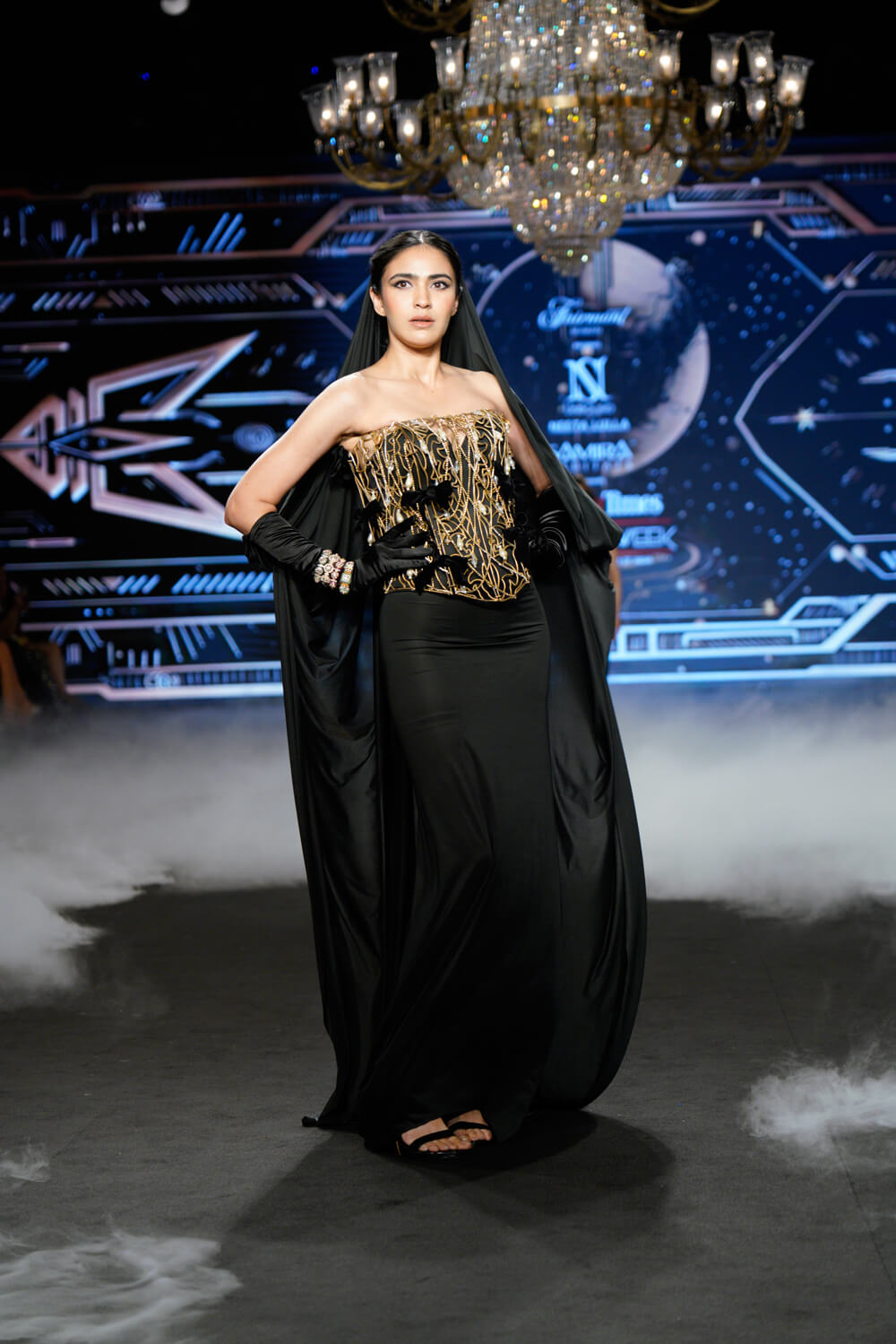 Muriel - Black Evening Gown with Metallic Corset