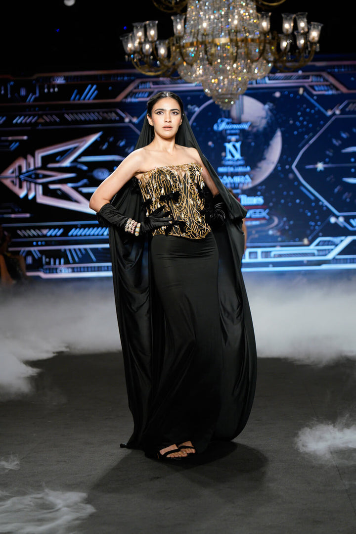 Muriel - Black Evening Gown with Metallic Corset