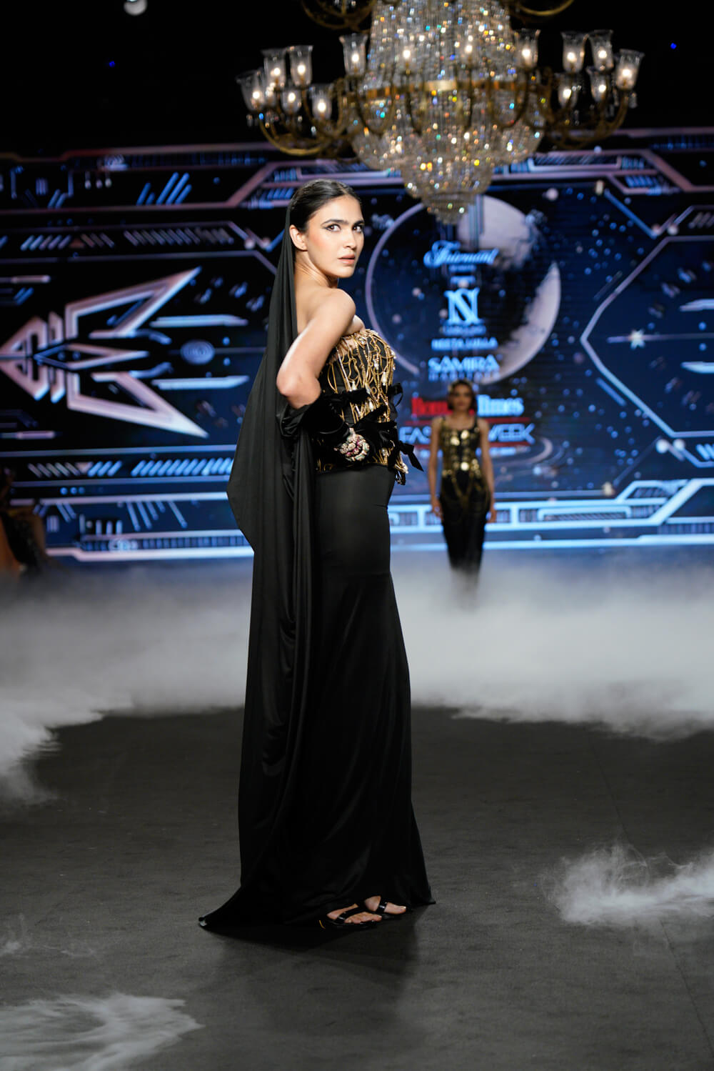 Muriel - Black Evening Gown with Metallic Corset