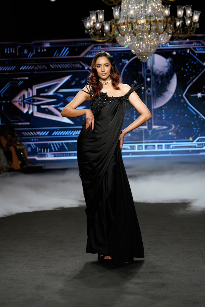 Elena - Black satin Embroidered Saree Gown