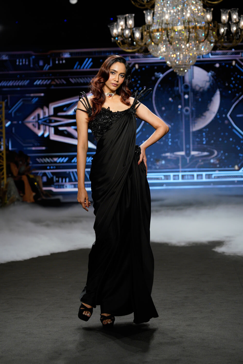 Elena - Black satin Embroidered Saree Gown