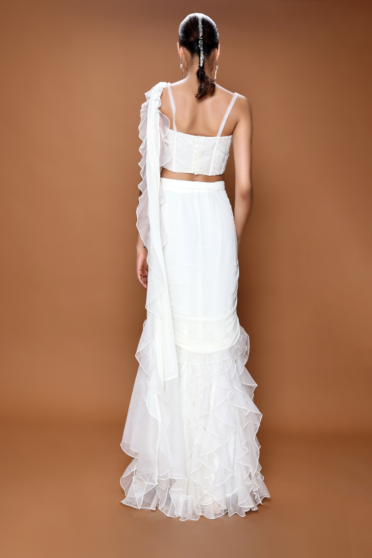 Elegant Florawhite Ruffle Saree with Corset Bustier & Belt - NSL FASHION PVT LTD
