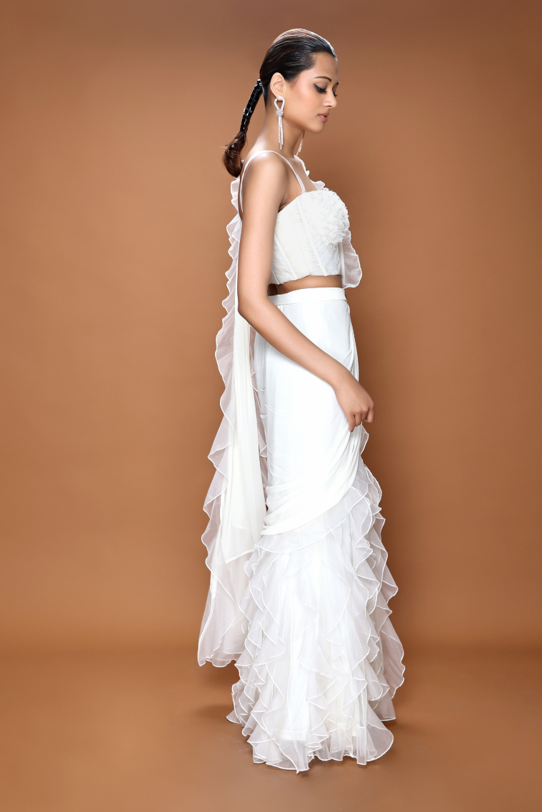 Elegant Florawhite Ruffle Saree with Corset Bustier & Belt - NSL FASHION PVT LTD