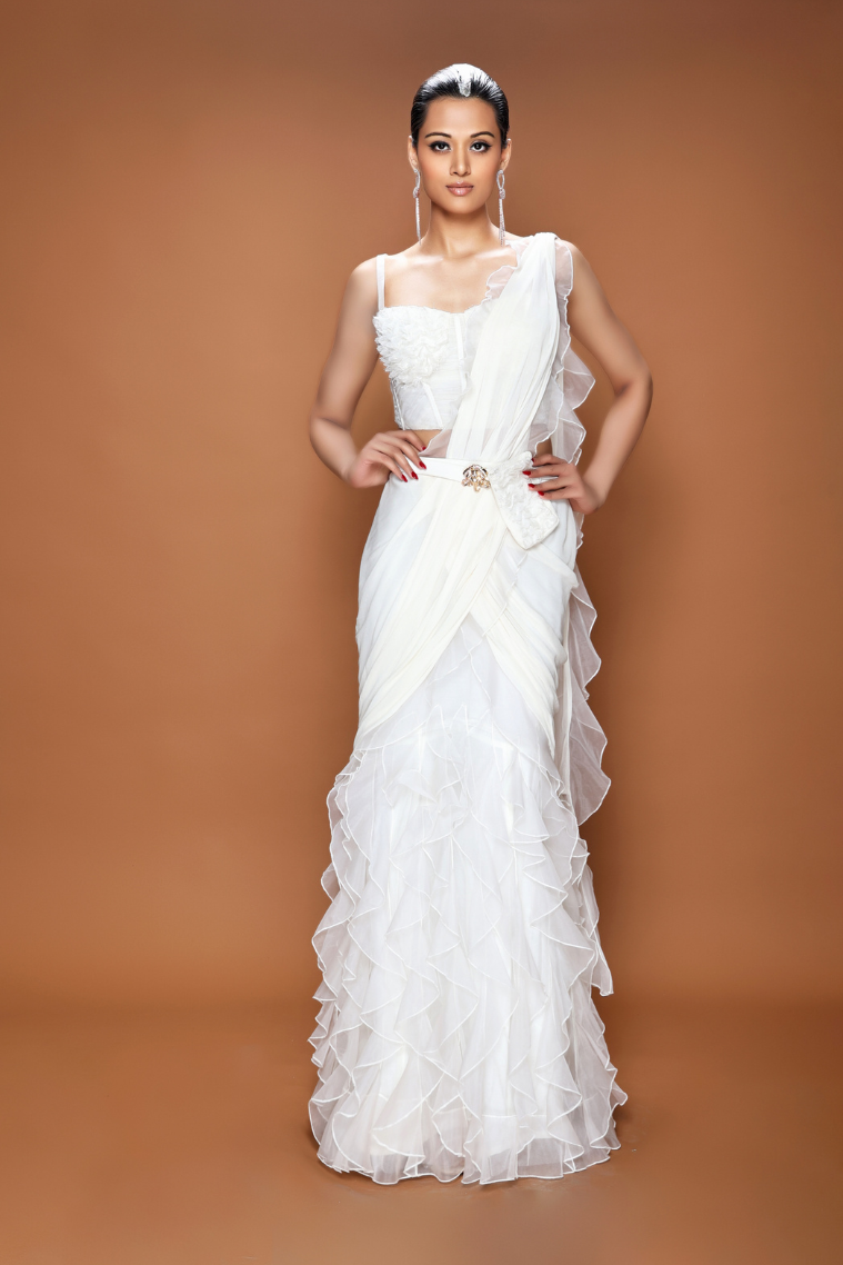 Elegant Florawhite Ruffle Saree with Corset Bustier & Belt - NSL FASHION PVT LTD
