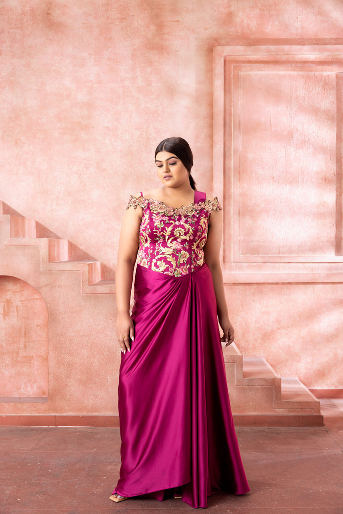 Deep Magenta Saree Gown - NSL FASHION PVT LTD