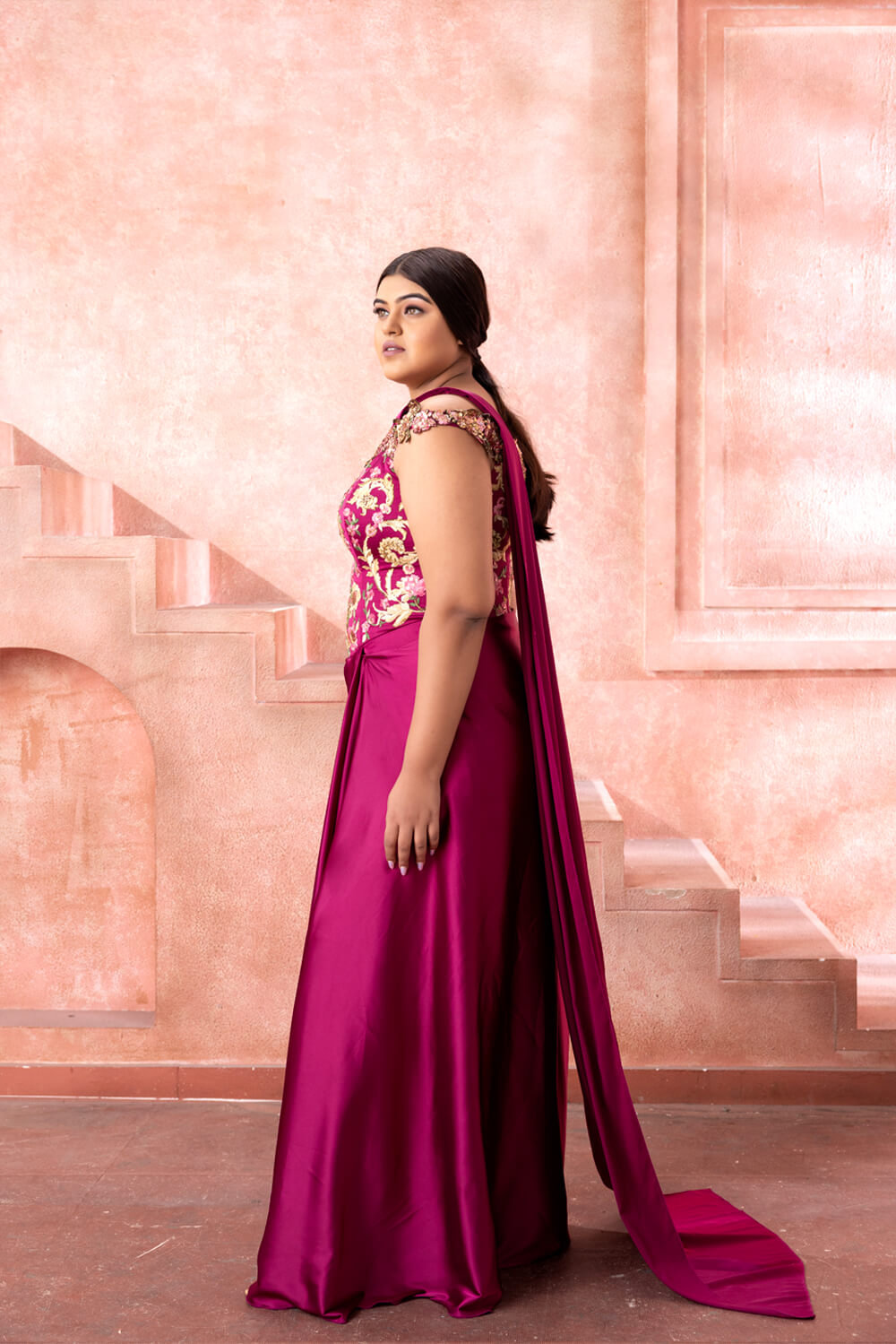 Deep Magenta Saree Gown - NSL FASHION PVT LTD