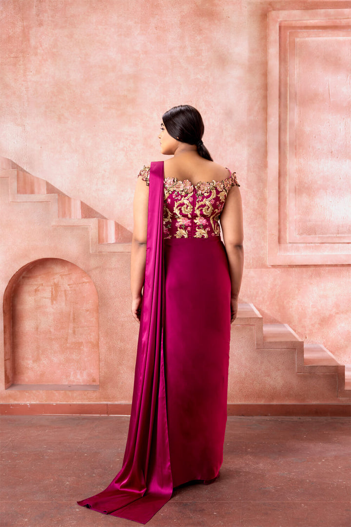 Deep Magenta Saree Gown - NSL FASHION PVT LTD
