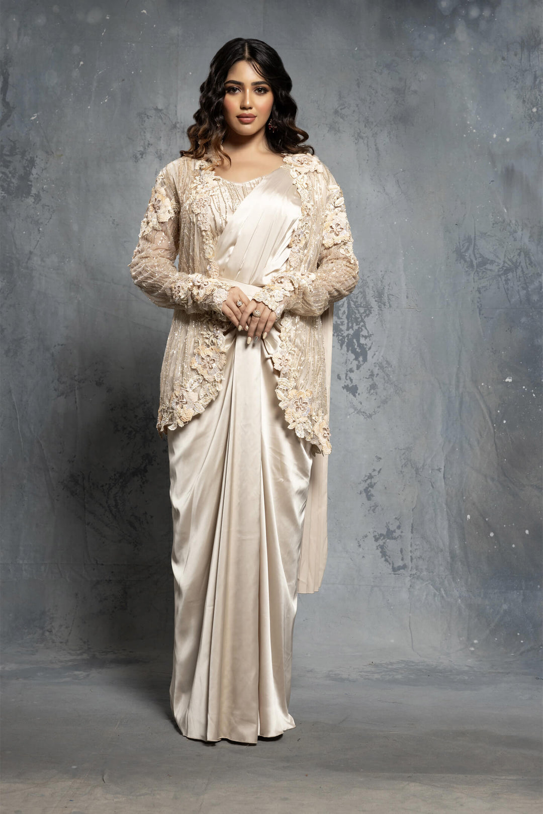 Ecru Satin Concept Saree Set with Jacket ECRU S - Main Image