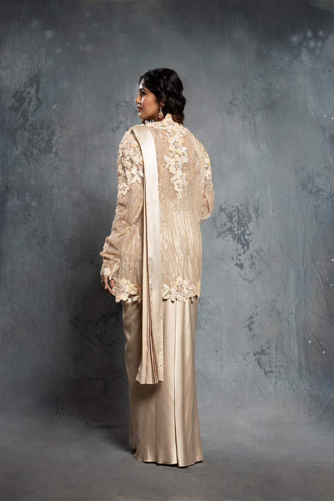 Ecru Satin Concept Saree Set with Jacket