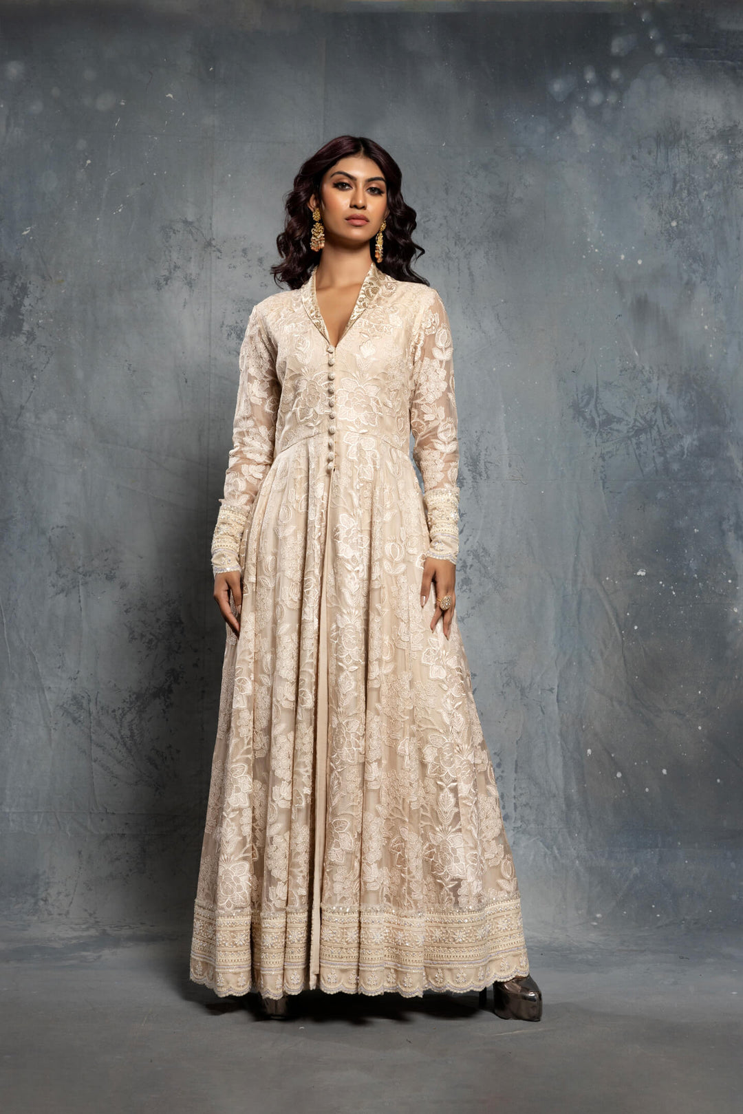 Tropical Motif Ecru Anarkali Set with Embroidered Chiffon Dupatta | Buy Designer Couture Online Tropical Motif Ecru Anarkali Set with Embroidered Chiffon Dupatta | Buy Designer Couture Online