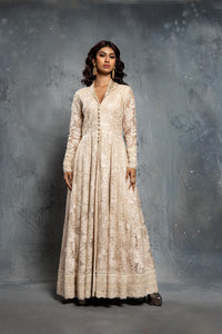 Tropical Motif Ecru Anarkali Set with Embroidered Chiffon Dupatta - NSL FASHION PVT LTD