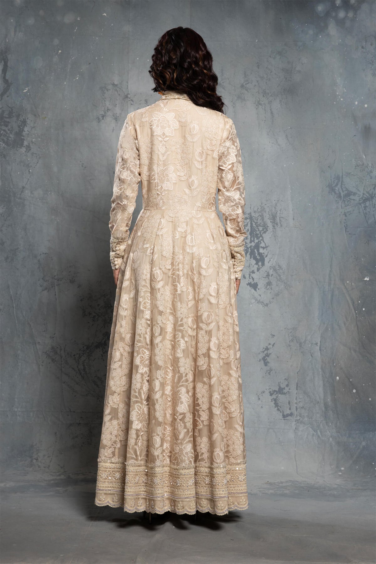 Tropical Motif Ecru Anarkali Set with Embroidered Chiffon Dupatta - NSL FASHION PVT LTD