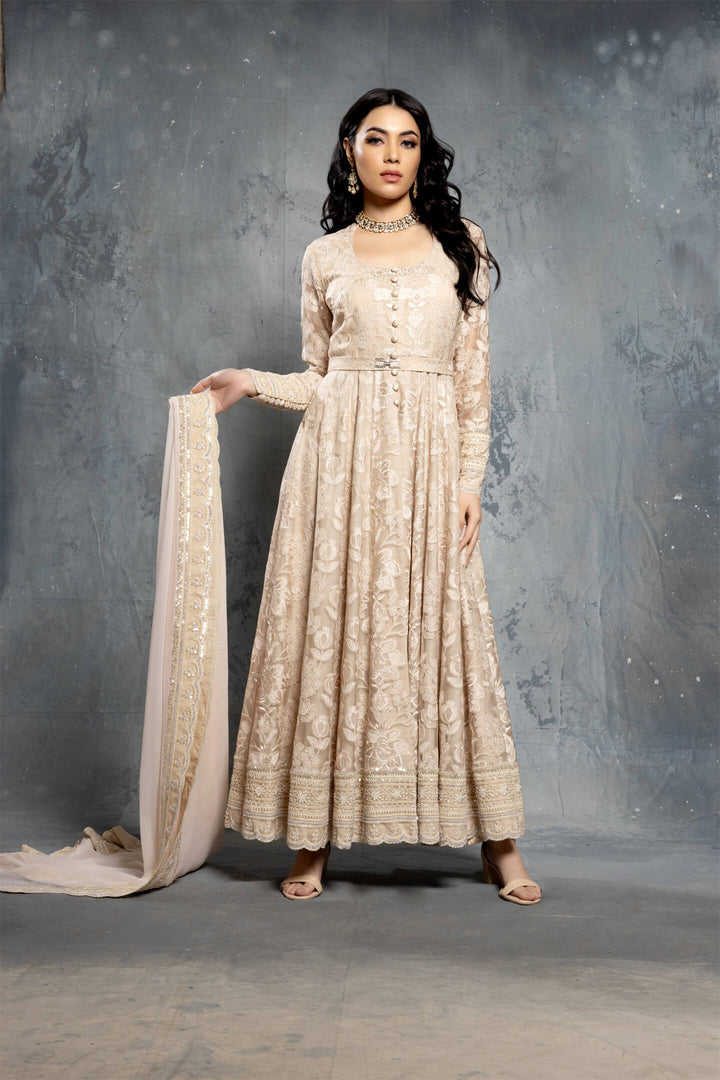 Ecru Thread Work Embroidery Tropical Motif Anarkali Set