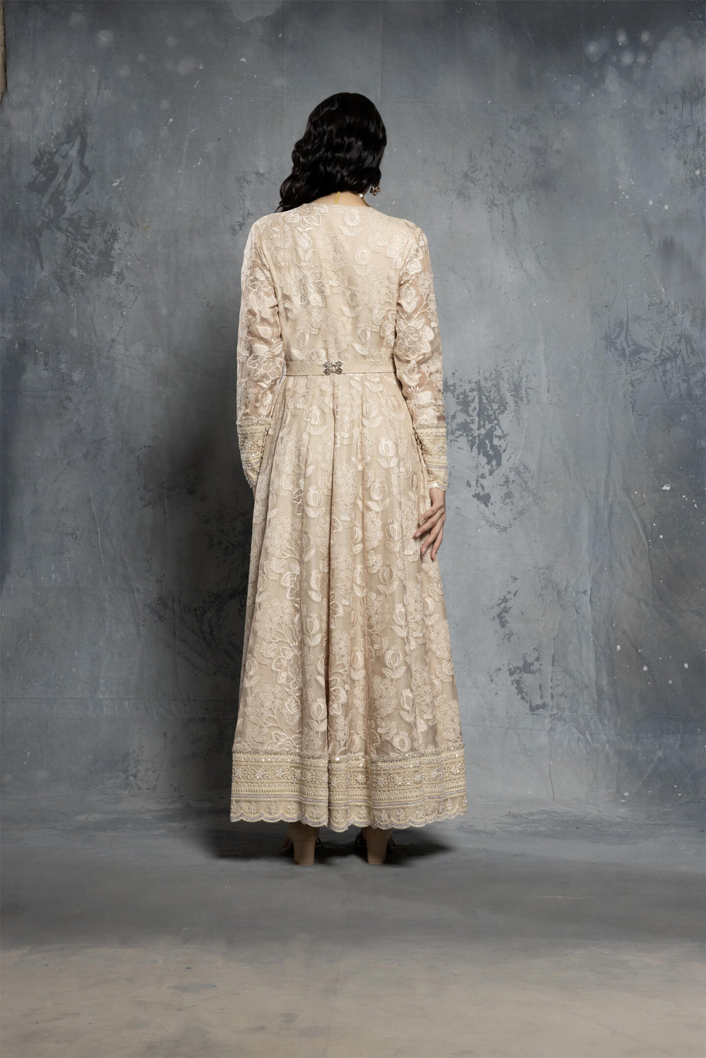 Ecru Embroidered Organza Anarkali Set with Chiffon Dupatta - NSL FASHION PVT LTD