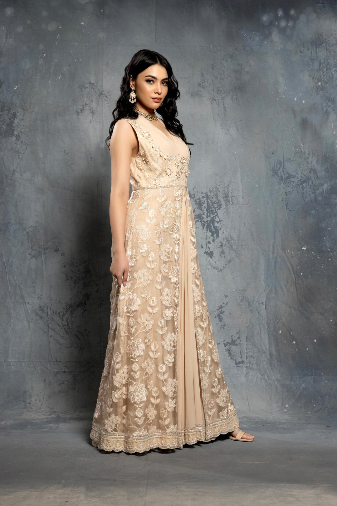 Ecru Threadwork Embroidered Anarkali Set with Jacket